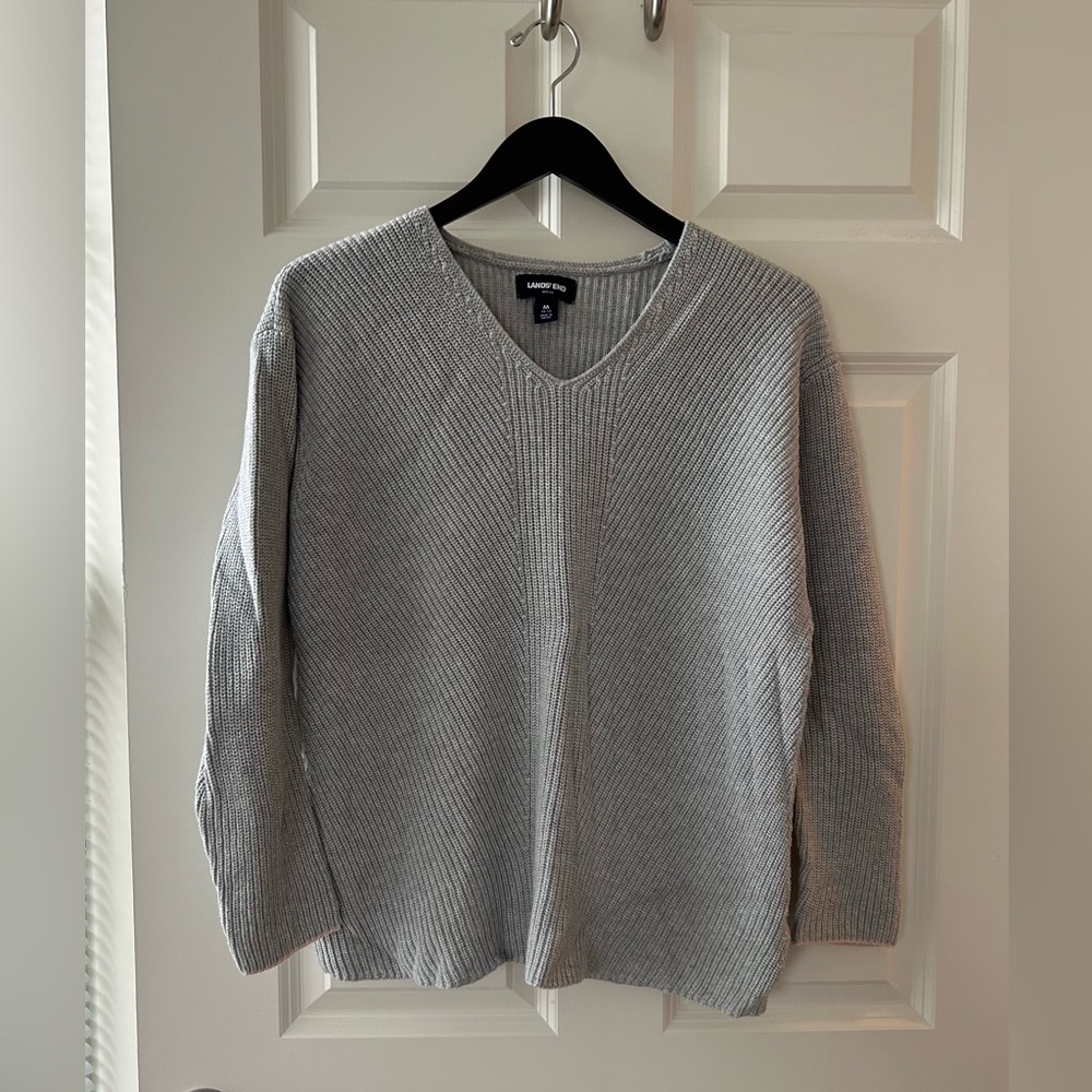 Lands' End Cotton V-Neck Gray Sweater